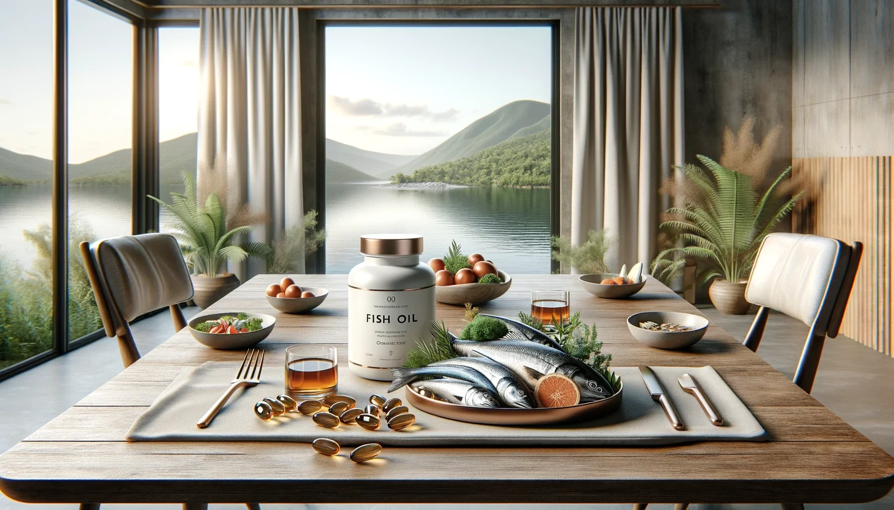 Modern dining room with lake view, showcasing dishes of omega-3 rich wild-caught fish and a bottle of fish oil capsules, emphasizing a healthy lifestyle