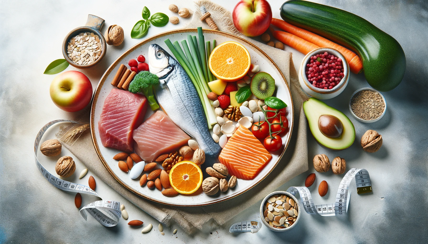 A balanced plate of Paleo diet foods including lean meats, vegetables, and fruits, showcasing a healthy eating plan for weight loss