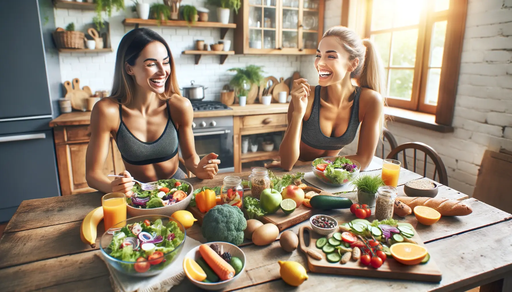 Fit women happily enjoying healthy foods together around a large wooden table in a bright kitchen, showcasing camaraderie and balanced nutrition.