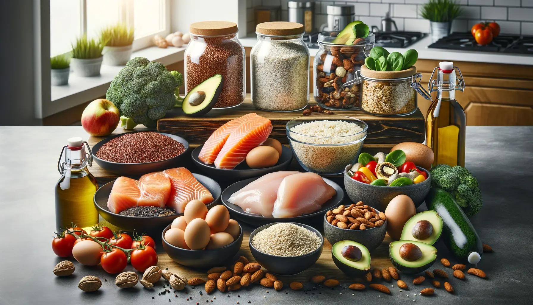 Variety of muscle-building foods including lean proteins, whole grains, and healthy fats arranged aesthetically on a modern kitchen countertop