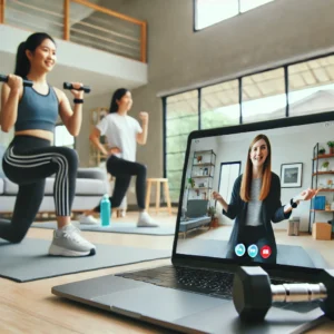 Two females working out at home with a virtual personal trainer on a laptop screen